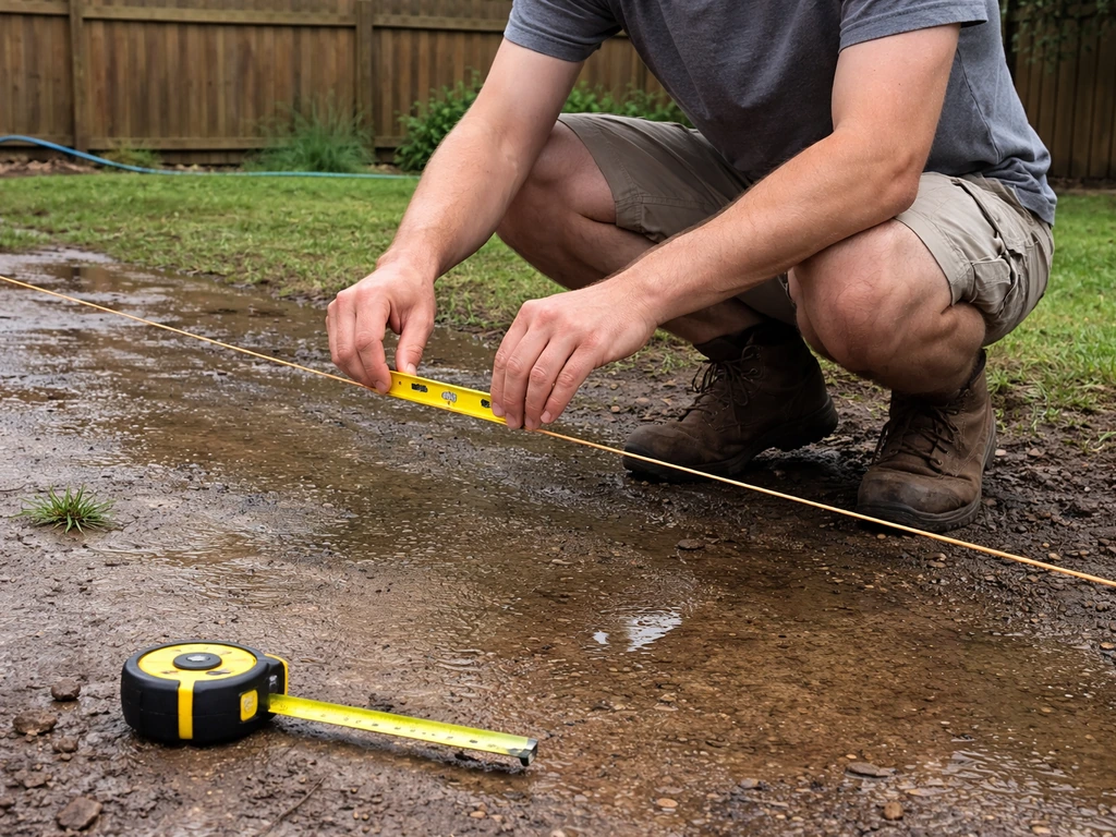 Anonymous DIYer crouches in a wet yard checking patio grade with taut string, line level, and tape measure.