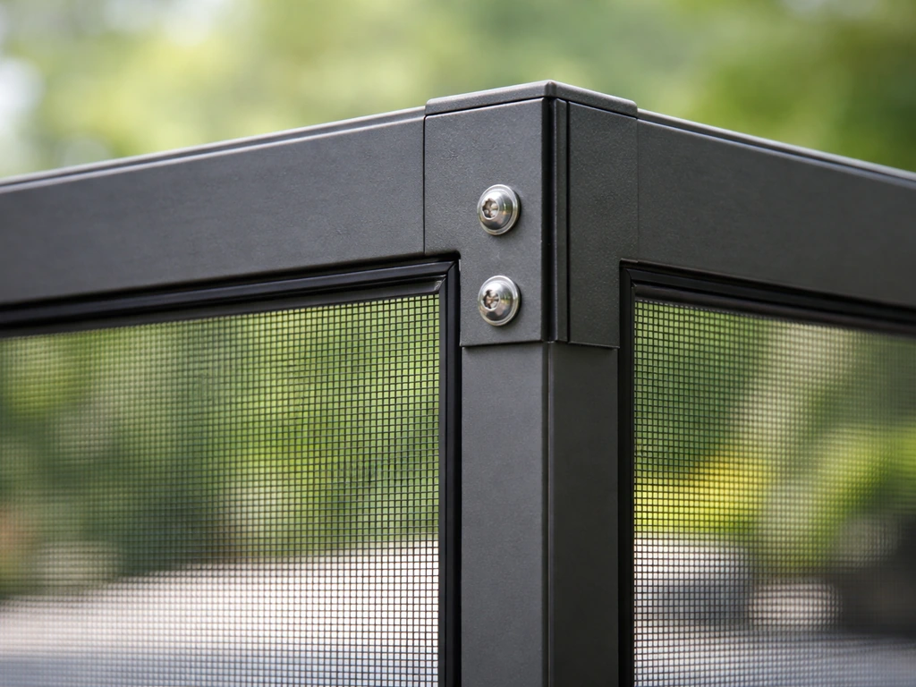 Close-up of an aluminum patio enclosure frame with screen mesh panels and corner hardware.
