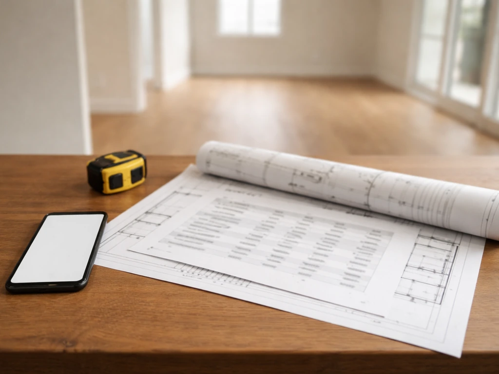 Contractor desk with rolled floor plan and a blank budget table, next to a bright empty room.
