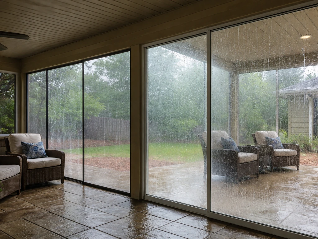 Rainy weather change outside a screened porch vs a clear glass enclosure with condensation.