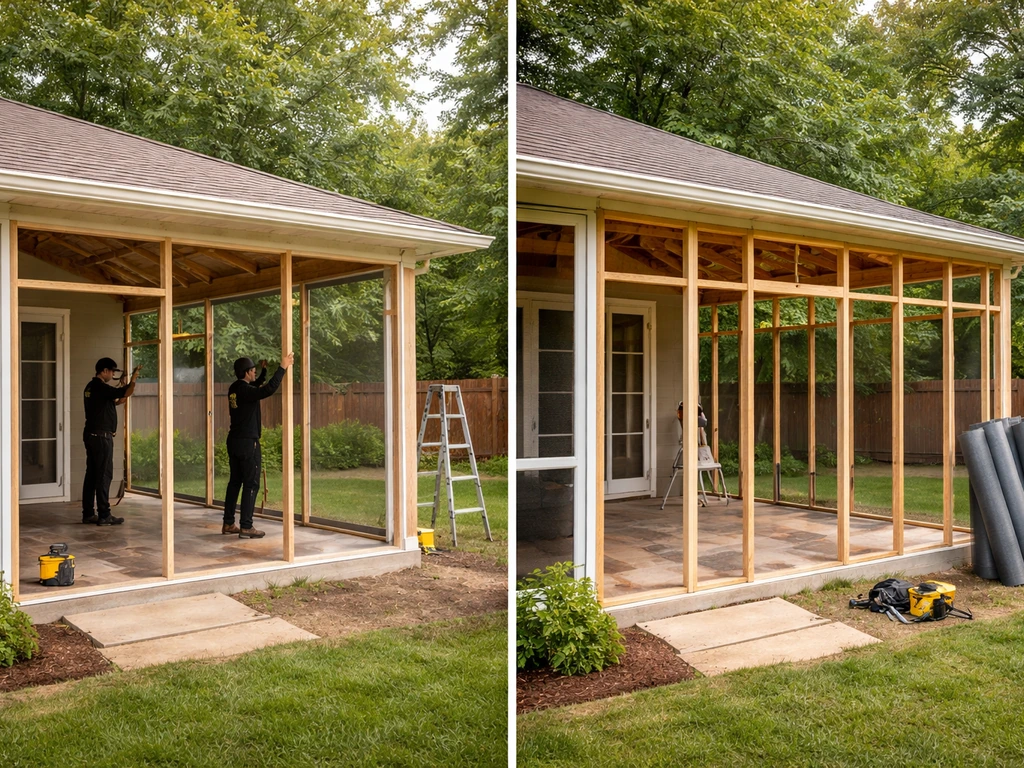 Split image comparing a screened patio wall install and a new screened room under construction.