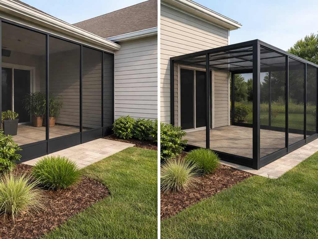 Home exterior with two simple screened enclosure setups: one attached to the wall, one freestanding