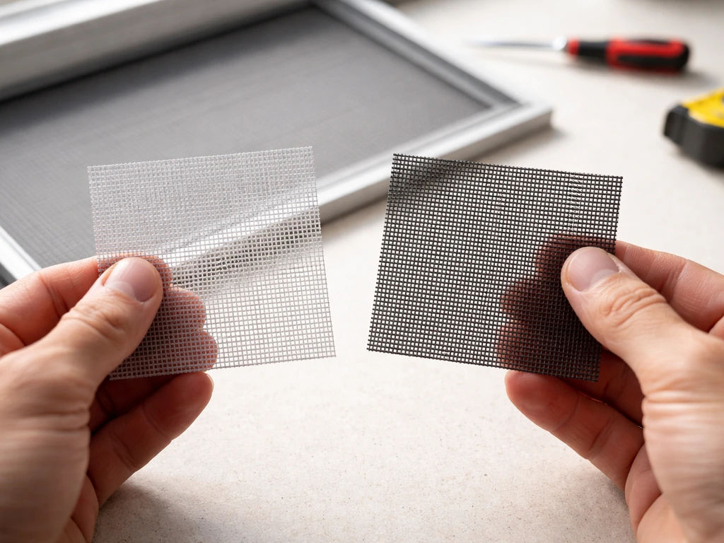 Close-up of two window screen mesh swatches showing different weave textures beside a partially installed screen
