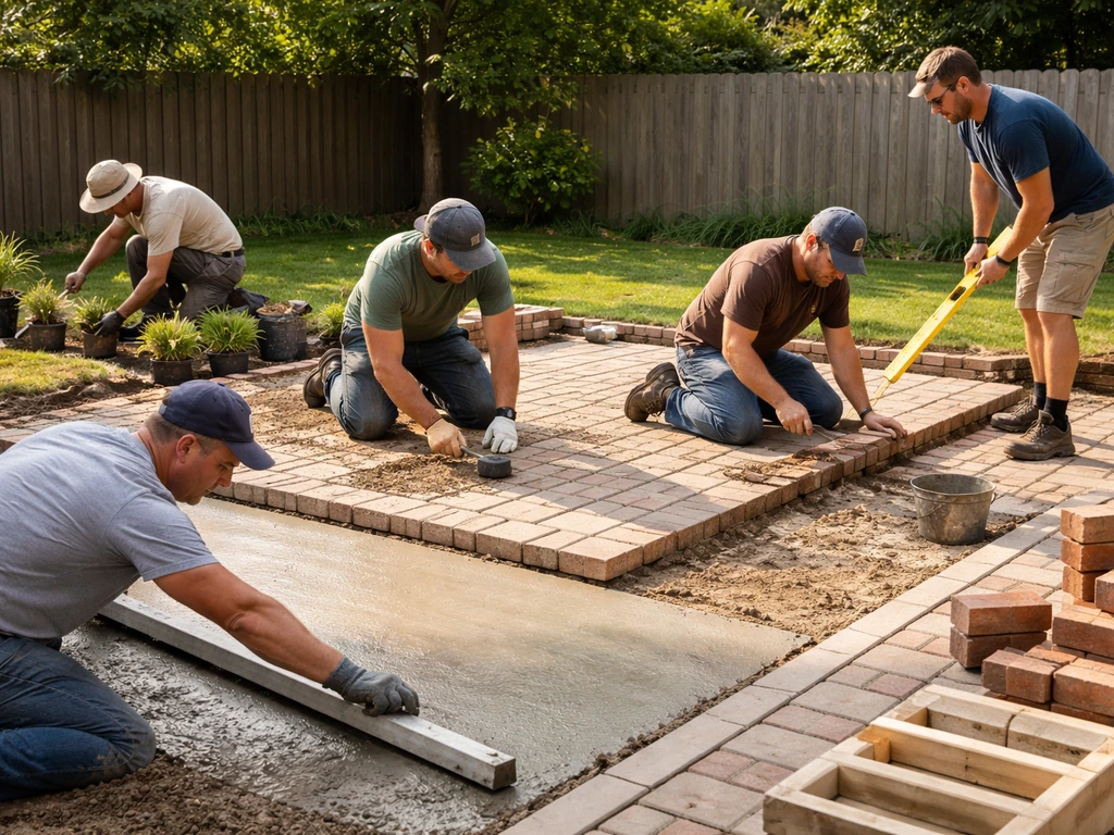 Backyard patio work scene showing concrete, pavers, stone edging, planting, and layout checking.