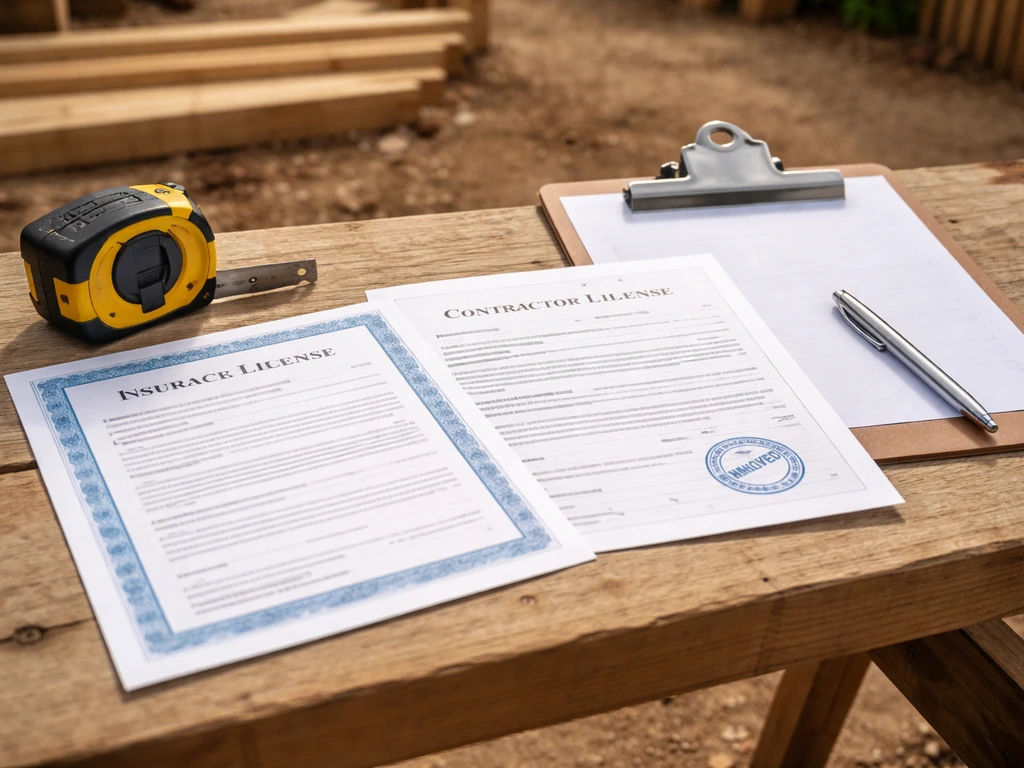 Contractor workbench with license and insurance documents, tape measure, and clipboard in natural light
