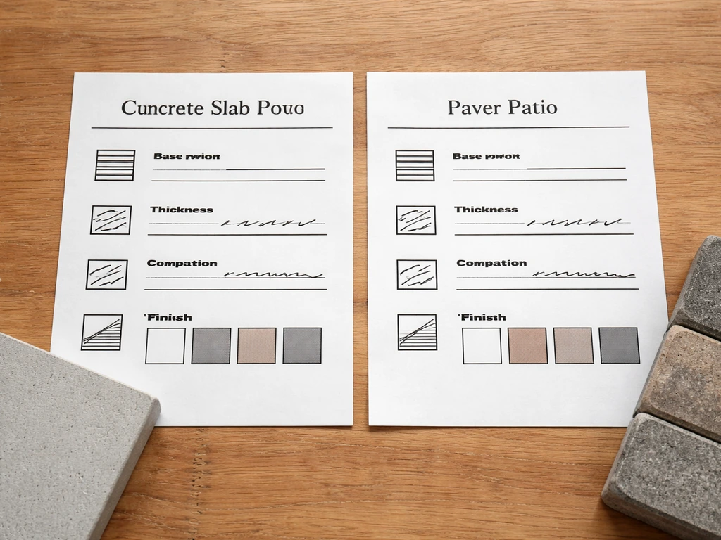 Side-by-side close-up of two patio bid layouts comparing concrete slab and paver patio line items