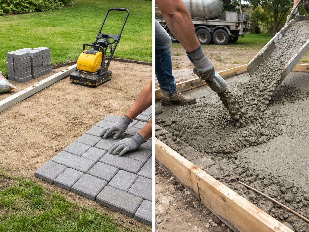 Split scene of DIY paver patio setup with plate compactor vs a contractor pouring concrete for a patio
