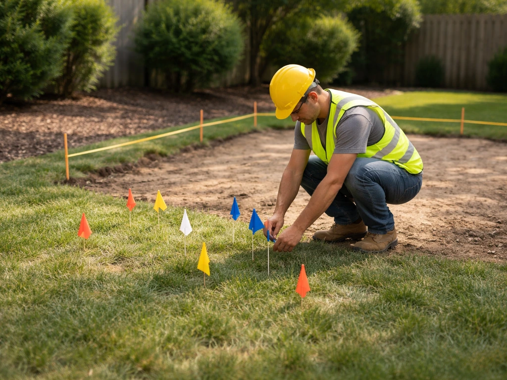 Construction crew member marking underground utility lines with flags near a patio footprint