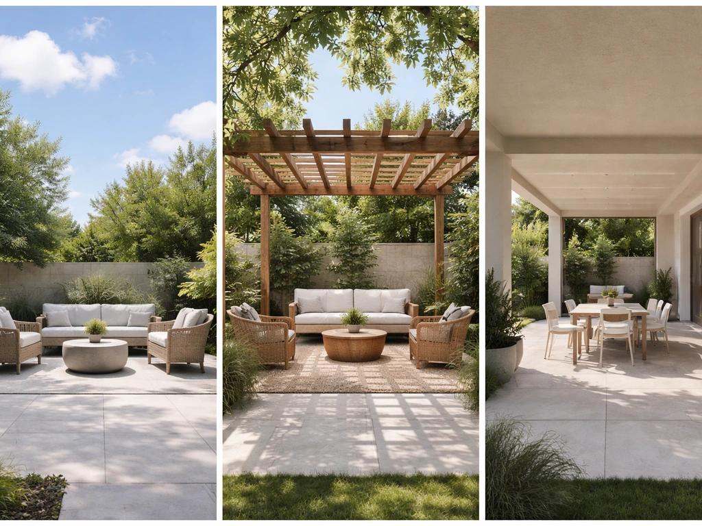 Three outdoor home spaces side-by-side: open patio, airy pergola with sky gaps, and enclosed patio cover shade.