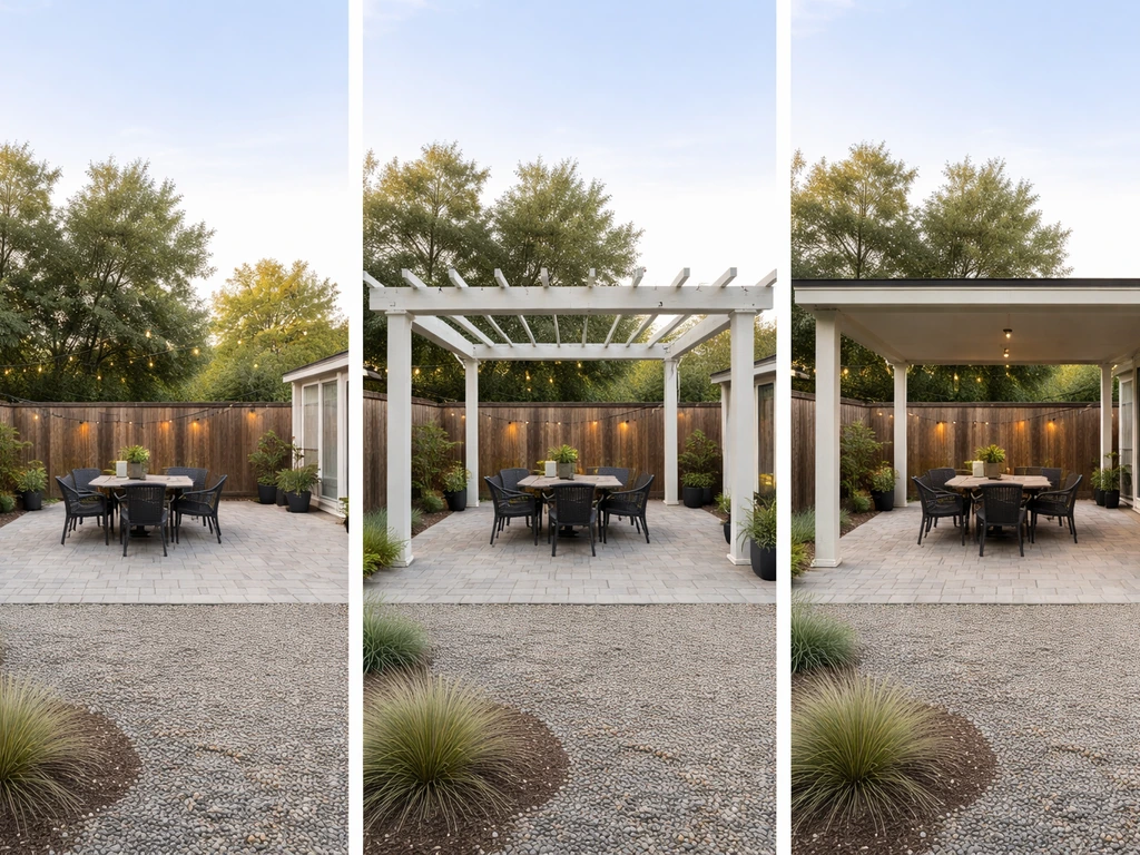 Three side-by-side backyard areas showing an open patio, an open-rafters pergola, and a solid-roof patio cover.