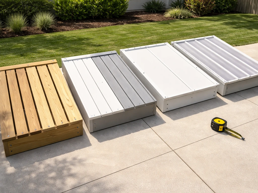 Minimal outdoor setup comparing wood and vinyl/aluminum pergola slats and patio cover roofing panels