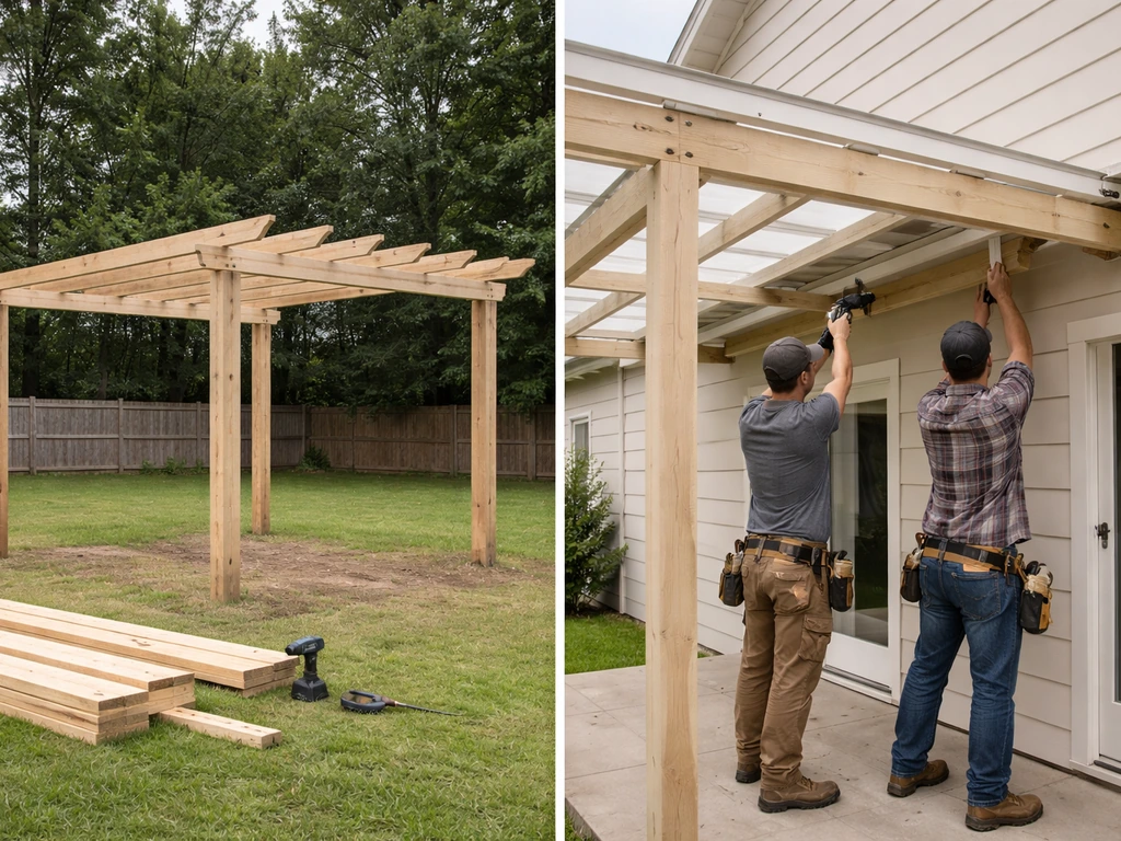 Split view of a freestanding pergola worksite and a house-attached patio cover installation stages with tools.