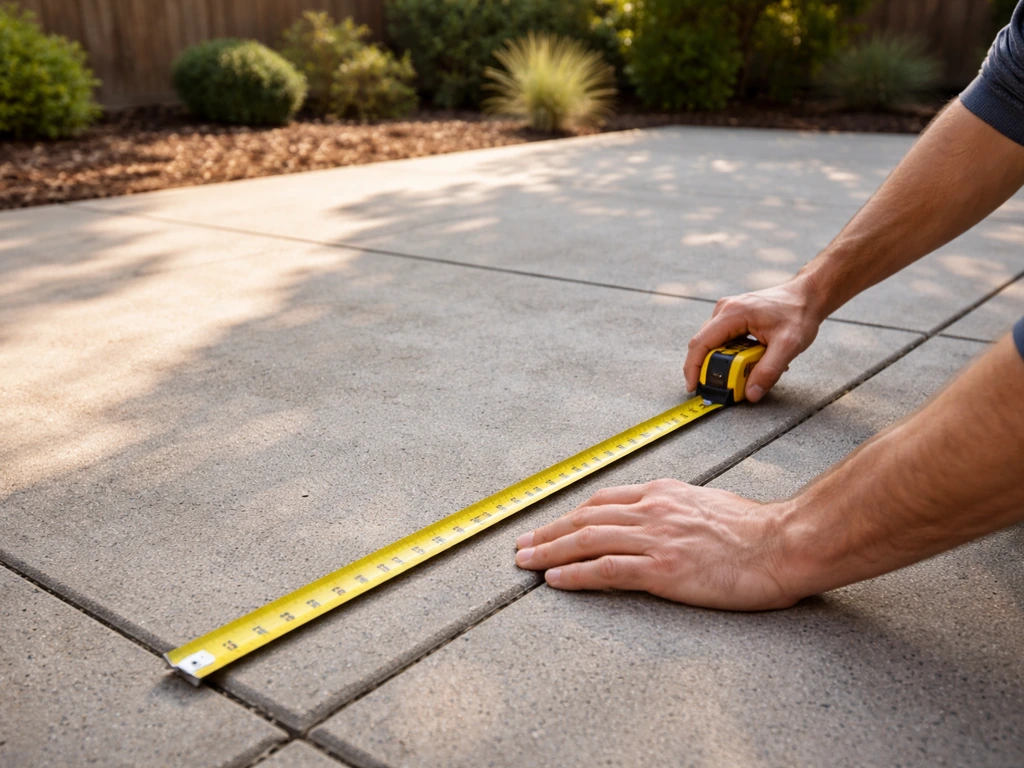 Person measuring an empty patio with a tape measure while sunlight and shade sweep across the space.
