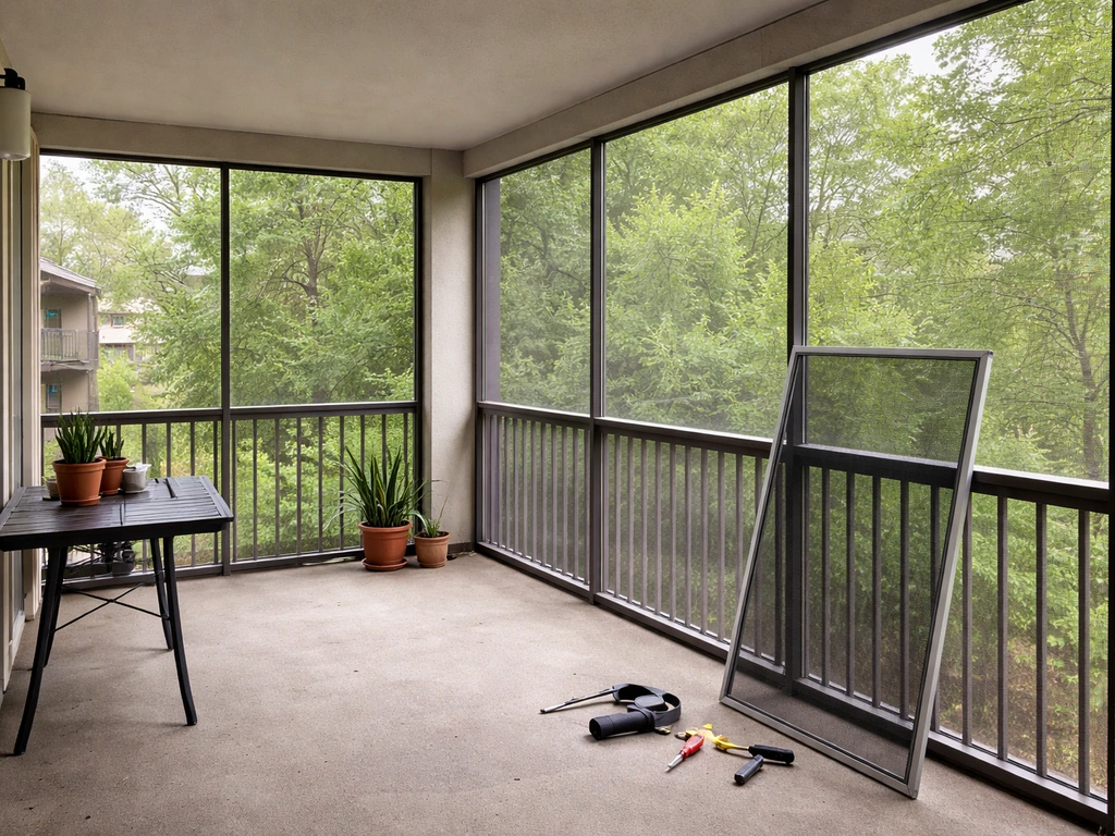 Wide view of a screened-in apartment patio with installed screen panels along the railing.