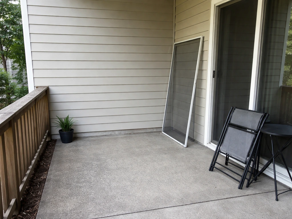 Minimal apartment patio with a sliding door and an empty screen frame awaiting permission.