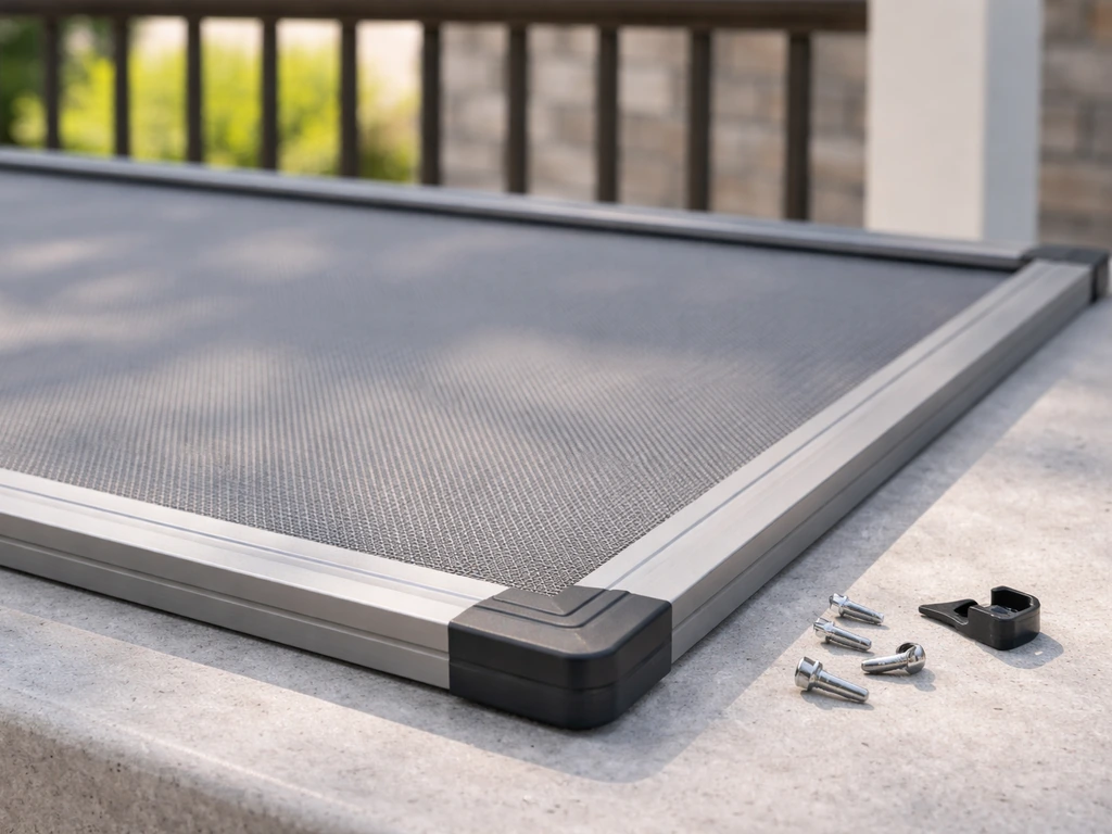 Close-up of an aluminum fixed screen frame with taut insect mesh near a patio railing.