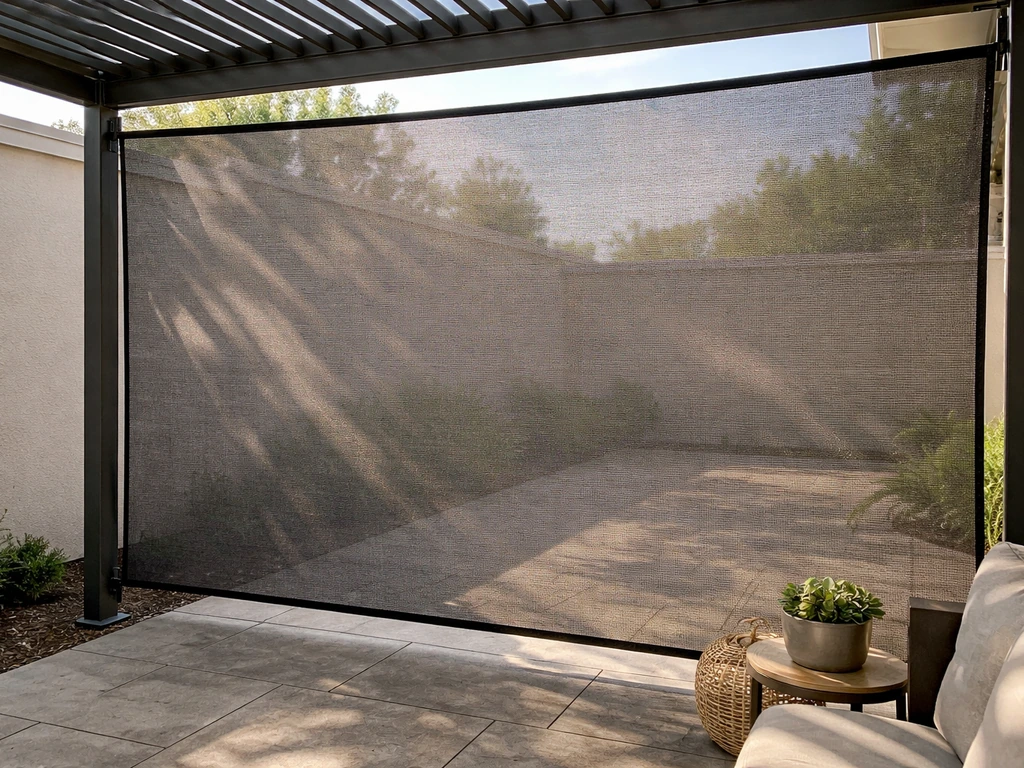 Denser outdoor privacy shade mesh on a patio, reducing outside visibility while airflow remains possible.