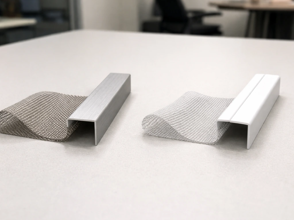 Aluminum and vinyl frame samples with corresponding mesh types laid out on a clean office desk.