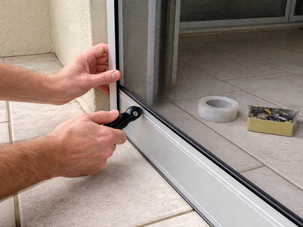 Hands fitting an aluminum-framed patio screen panel with spline and tape at an outdoor opening edge
