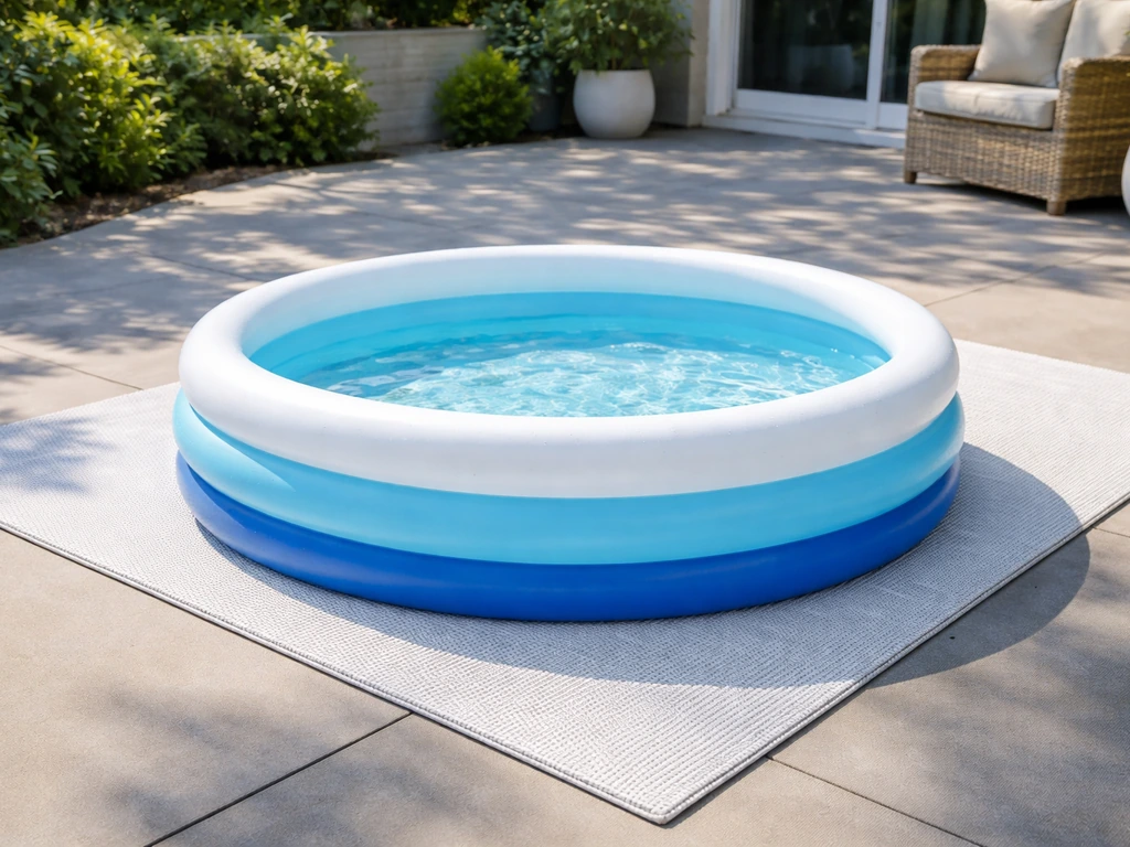 Inflatable paddling pool set safely on a level patio over a protective mat in bright daylight.