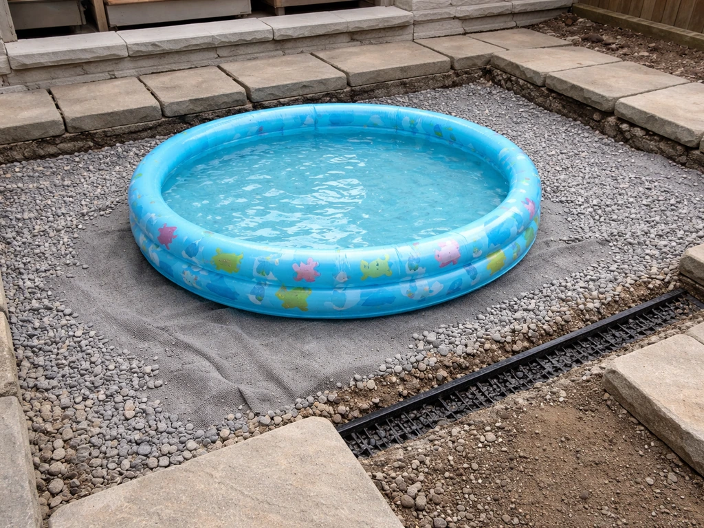 Minimal patio area showing ground cloth, gravel drainage layer, and water pooling pressure effects under pavers.