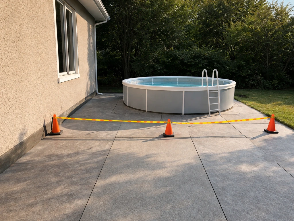 Patio scene showing a pool set away from the house wall with clear safe access space and a marked boundary