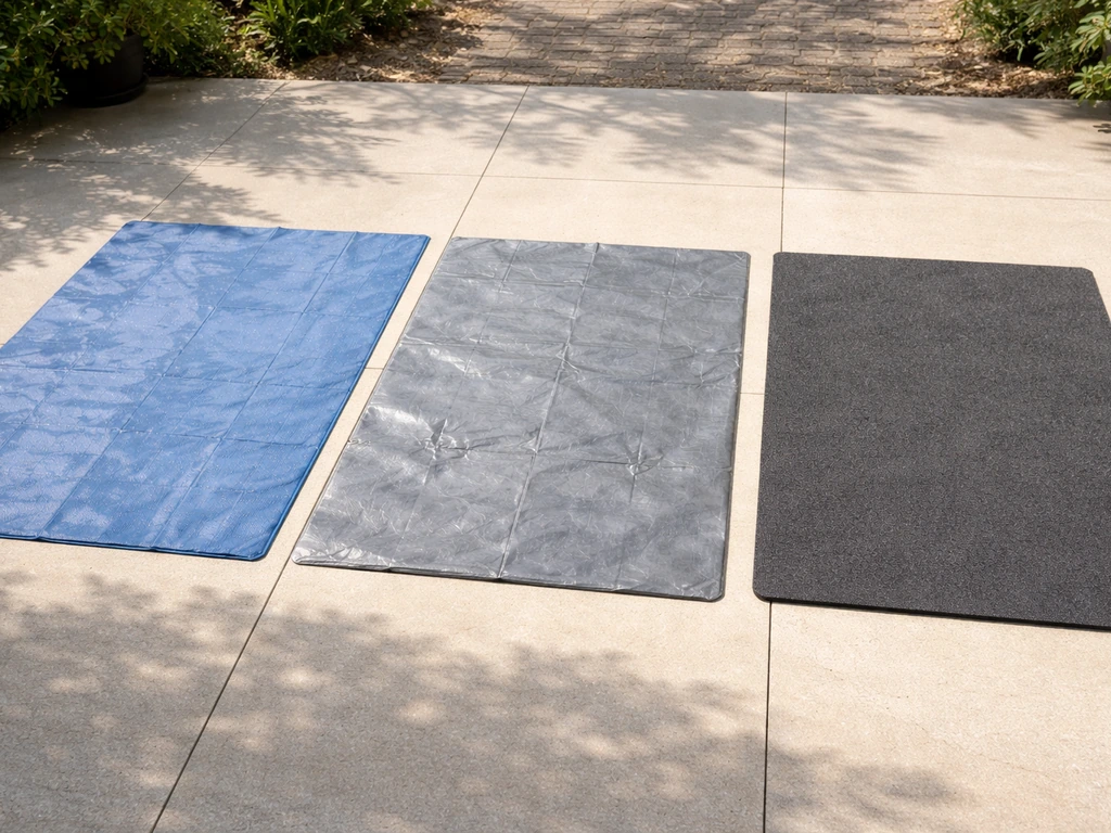 Three underlay materials laid side by side on a patio for comparing pool protection and moisture barriers.