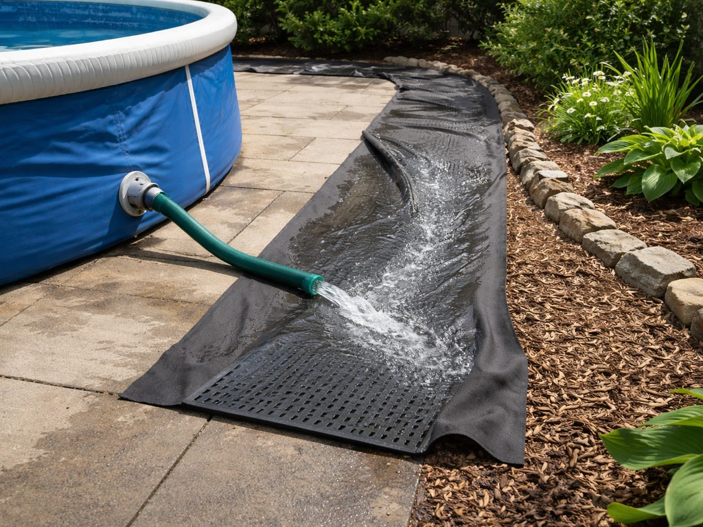 Pool water is routed through a hose onto a temporary drainage path away from the patio.