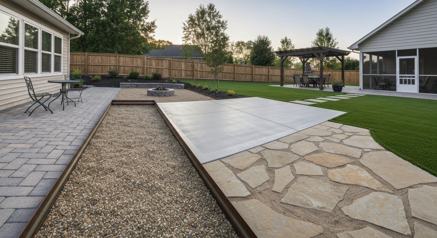 Backyard scene showing pavers, gravel seating area, poured concrete slab, flagstone terrace, artificial turf and a pergola-covered nook — examples of alternatives to a patio or deck.