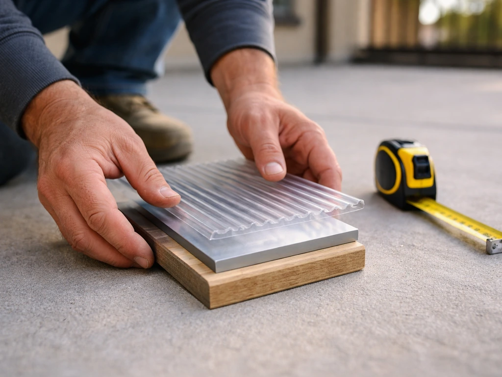 Minimal photo of a patio cover contractor’s work area with sample materials and measuring tape on concrete.