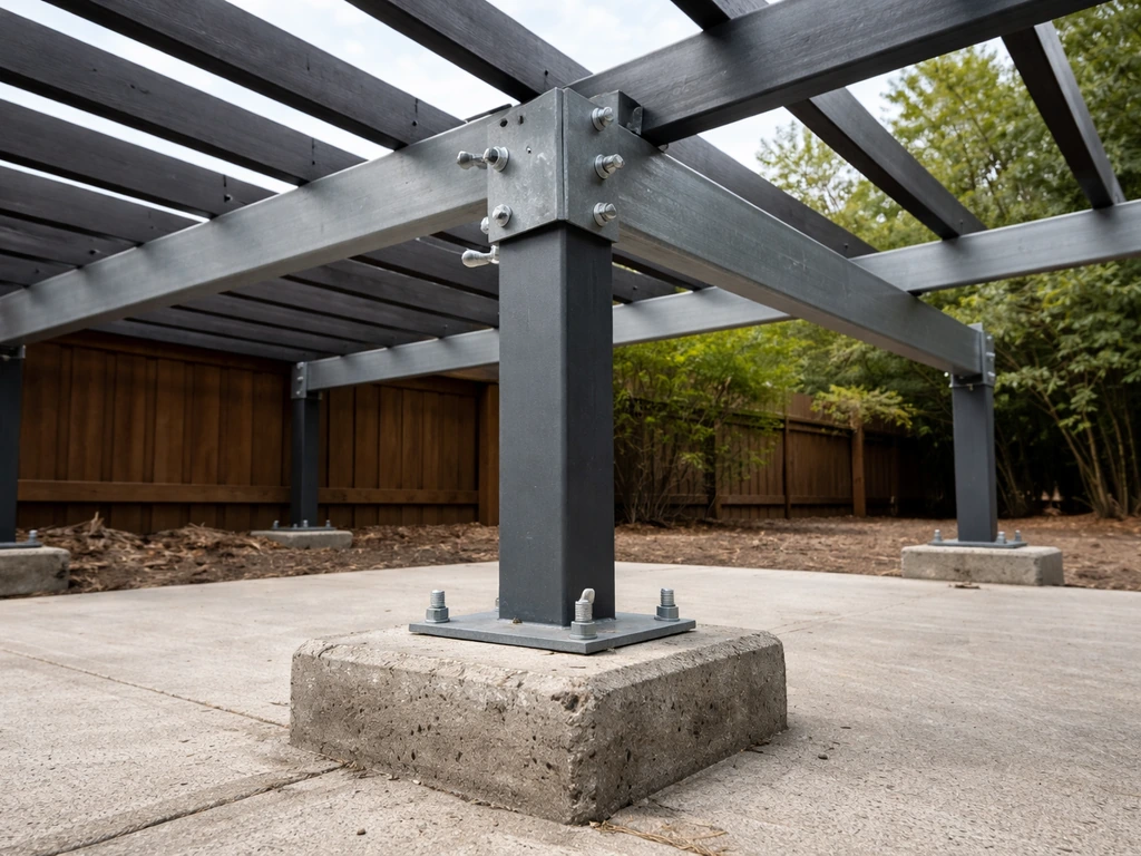 Close-up of a patio cover frame: concrete footings, vertical posts, beams, and rafters installed.
