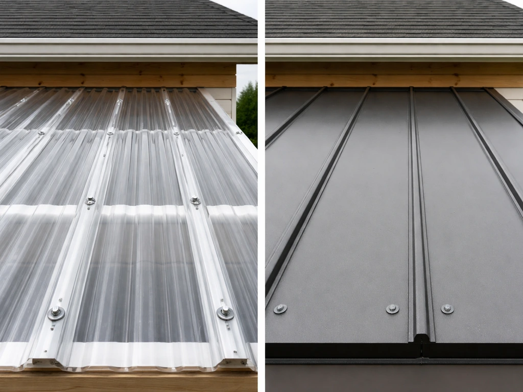 Side-by-side installed polycarbonate and metal roofing panels showing seams and fasteners.