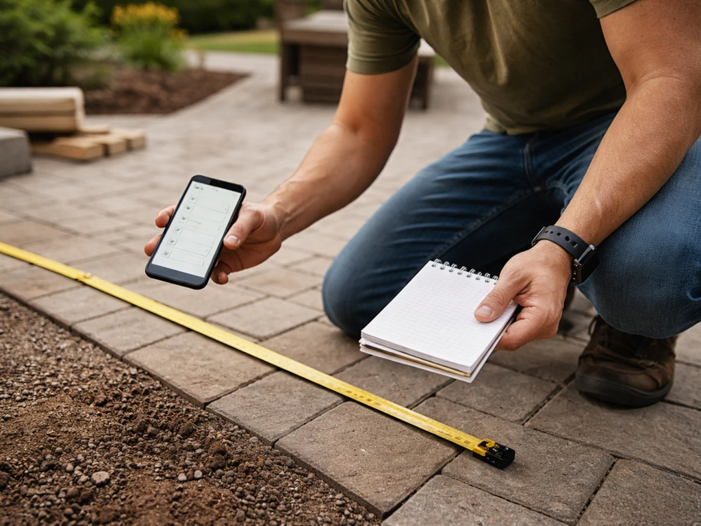 Homeowner measures an outdoor patio with a tape measure while jotting dimensions on a blank notepad/phone.