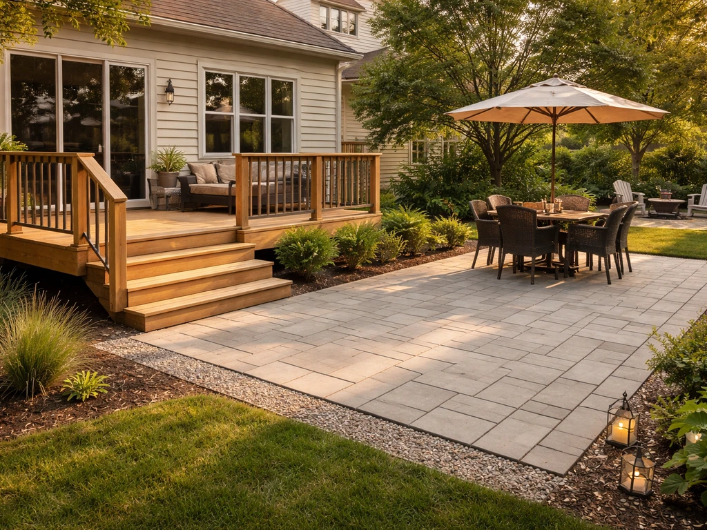 Sunlit home exterior showing an elevated deck and a ground-level patio hardscape side by side