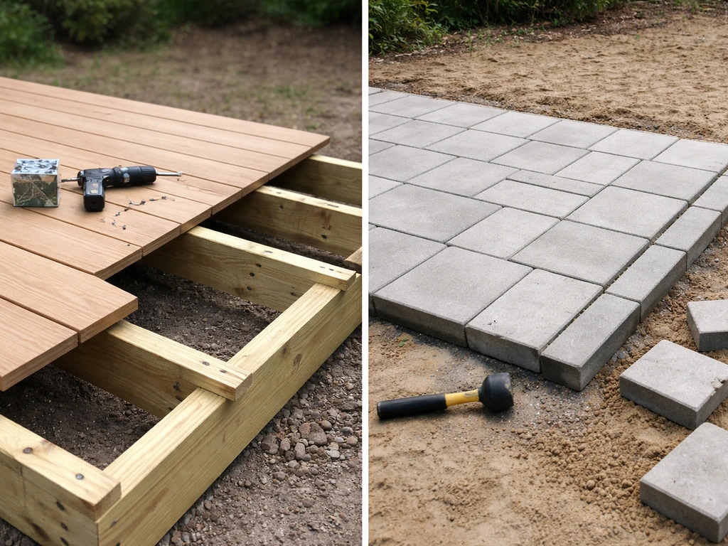 Split-view of deck materials and patio materials side by side to compare build cost and maintenance