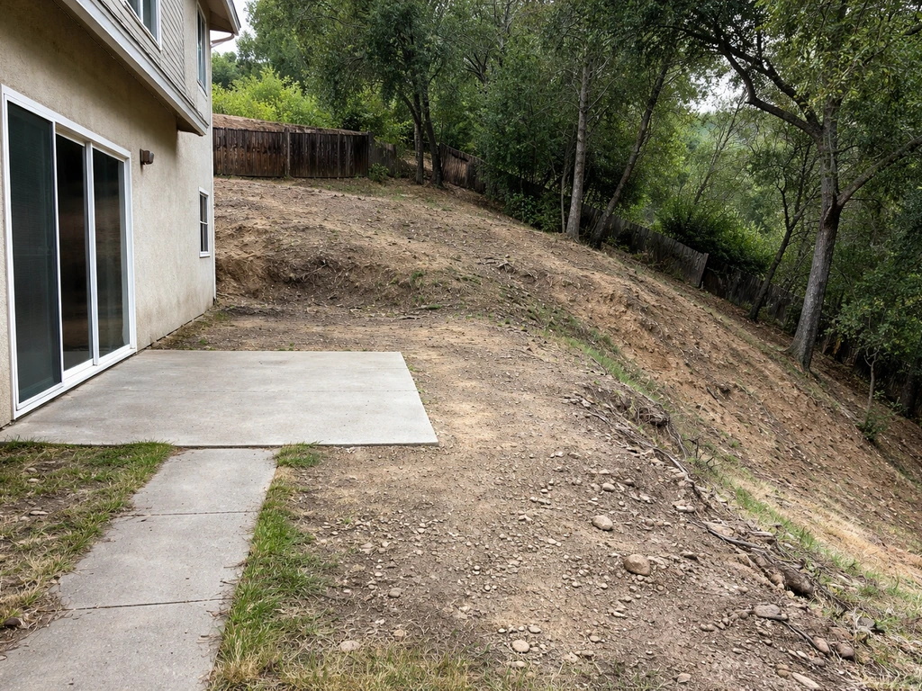Hillside backyard with a steep slope away from the house, suggesting a deck vs. patio leveling issue.