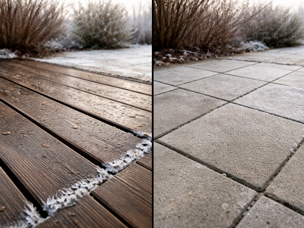 Two adjacent outdoor surfaces in cold freeze-thaw weather: wood deck damp with frost, stone patio dry.