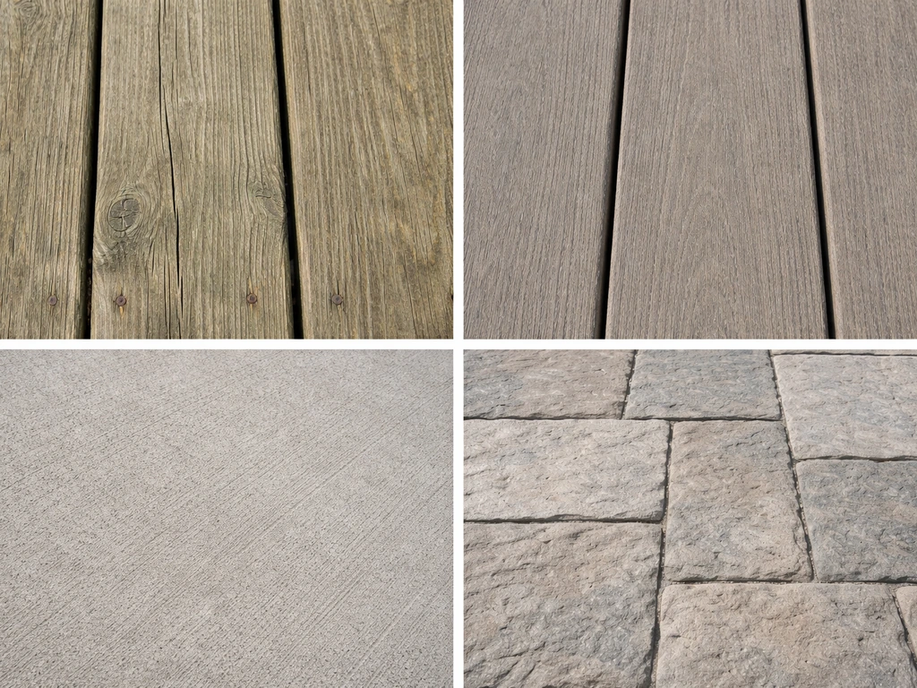 Close-up textures of pressure-treated wood, composite decking, and concrete patio surfaces in natural light.