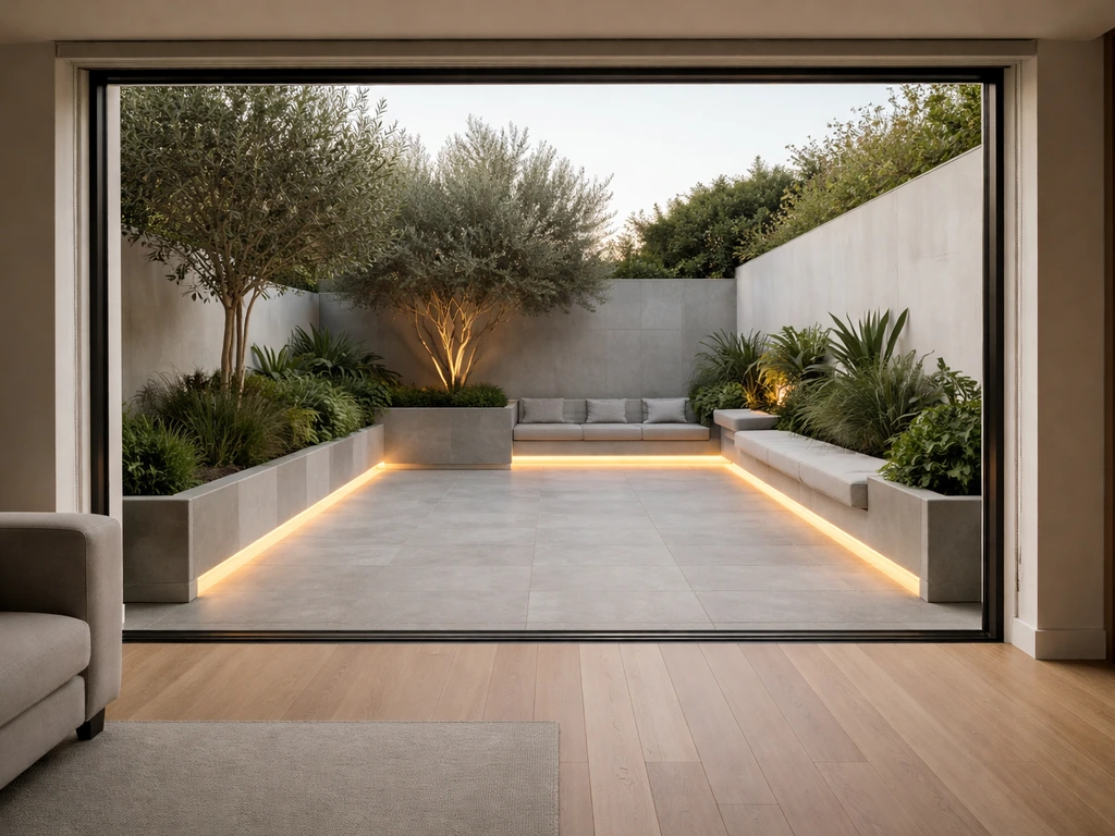 Modern patio with seamless indoor-outdoor flooring, built-in planters and soft outdoor lighting