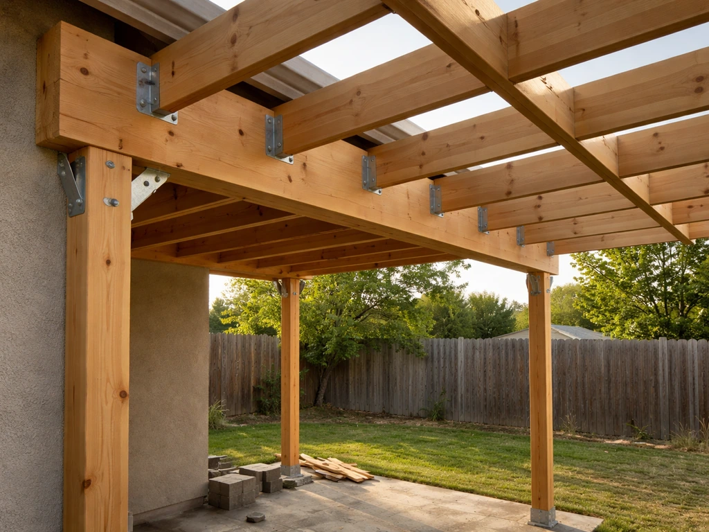 Close-up of a backyard patio cover structure under construction with beams and rafters in sunlight.