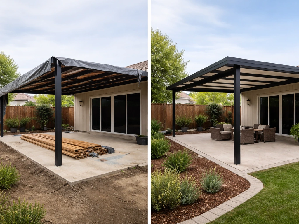 Split-view of two patio covers: one with framing and tarps, one fully finished and installed under daylight.