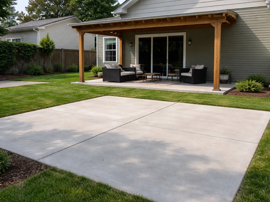 Open concrete patio slab next to an attached covered patio roof showing more permanent construction.