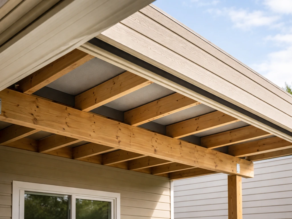 Minimal photo-style view of a two-level patio cover structure showing roof layers and deck framing