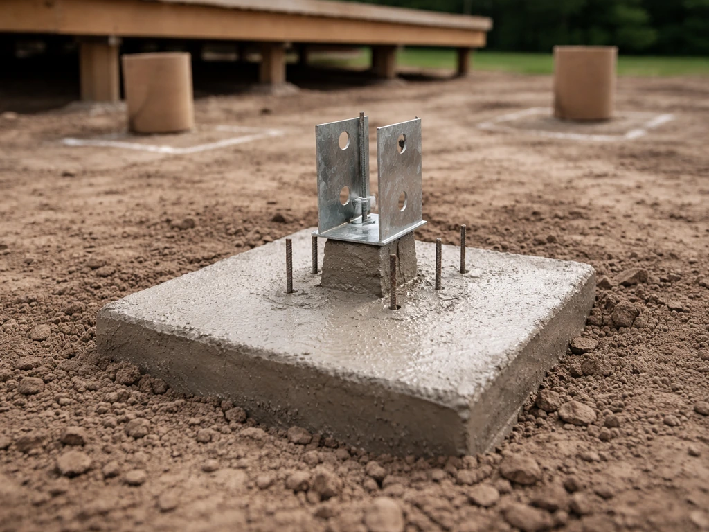 Fresh concrete footing pad with rebar and an embedded post base/anchor on bare soil.
