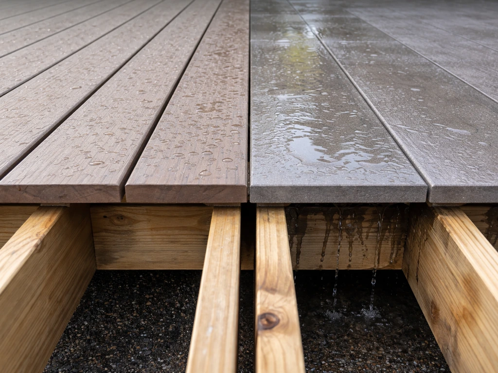Two deck surface types side-by-side, with spaced decking draining versus solid surface holding more water below.