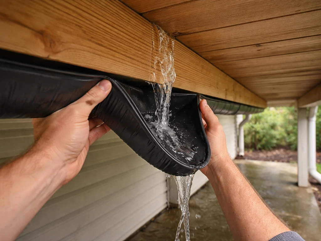Under-deck drainage channel capturing water beneath a wooden patio under natural light.