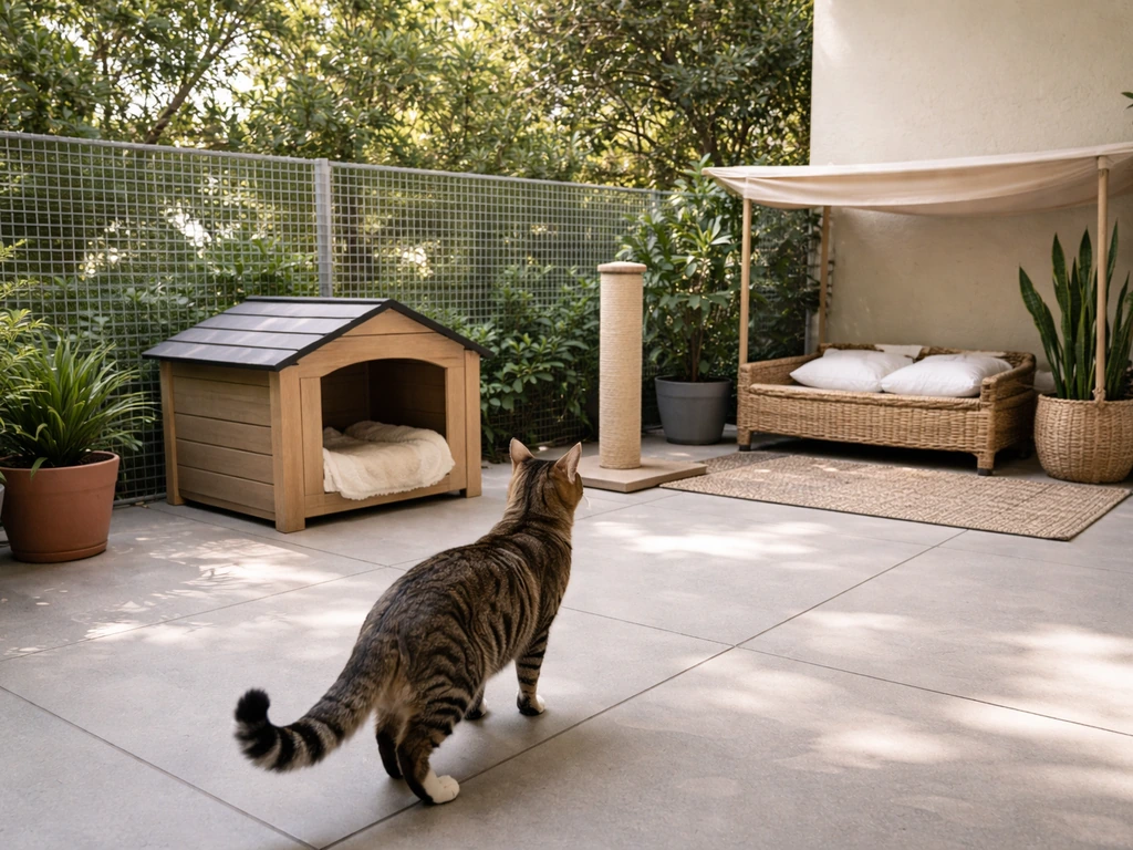 Tabby cat exploring a safe, upgraded shaded patio with a covered shelter and scratching post