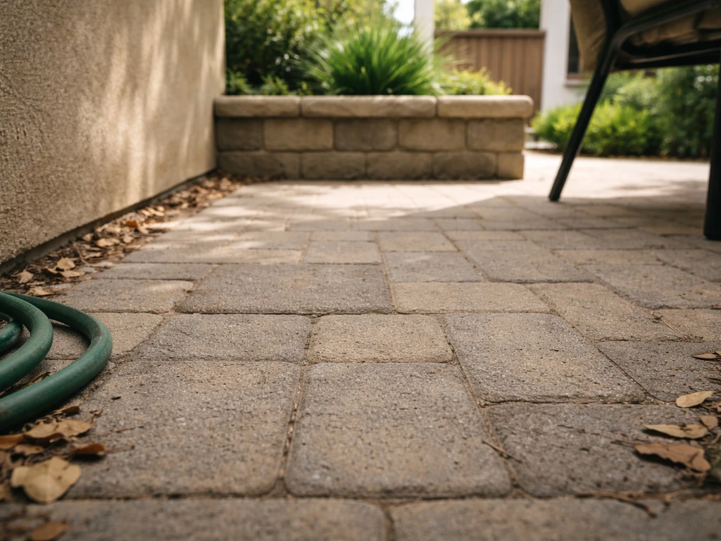 First-person view from a cat’s height, looking over a simple patio toward space, surfaces, shade, and hazards.