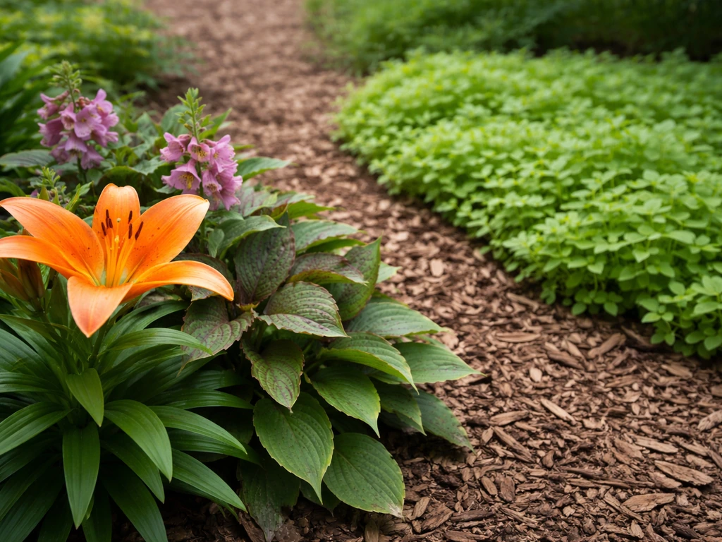 Close-up of dangerous lily and other toxic garden plants beside a clearly safe green planting bed