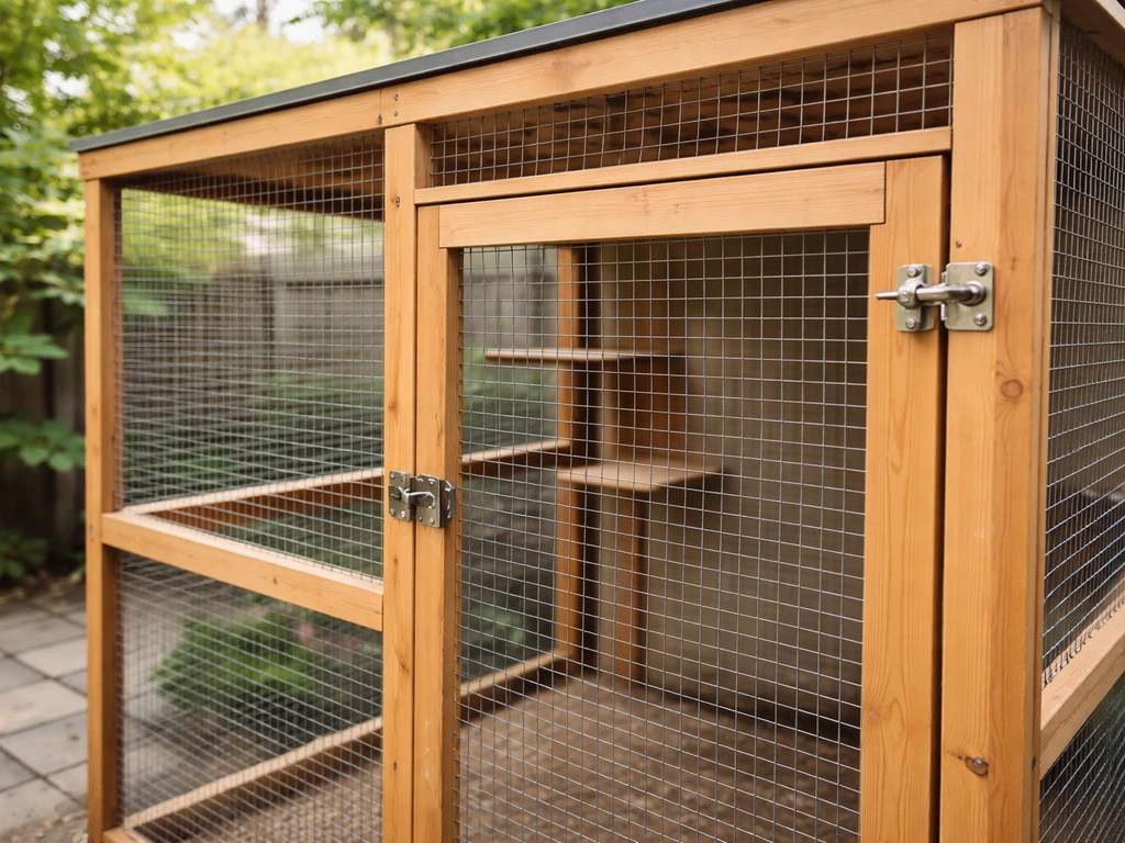Catio with enclosed wire mesh and secured gate, showing a safe barrier against predators